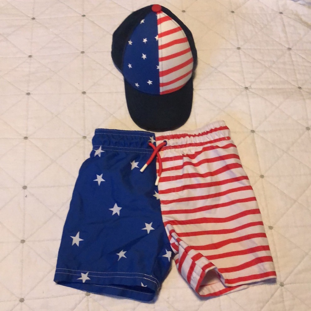 Cat and Jack American Flag Swim Trunks with matching baseball cap  FOJ